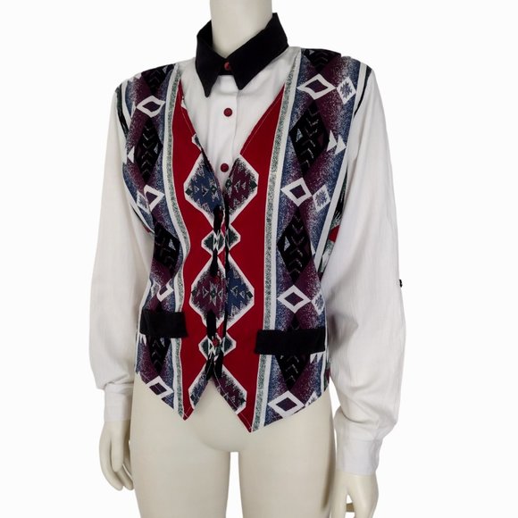 Vintage 1980s Tapestry Roll Tab Sleeve Button Down Faux Vest Shirt - Picture 3 of 15